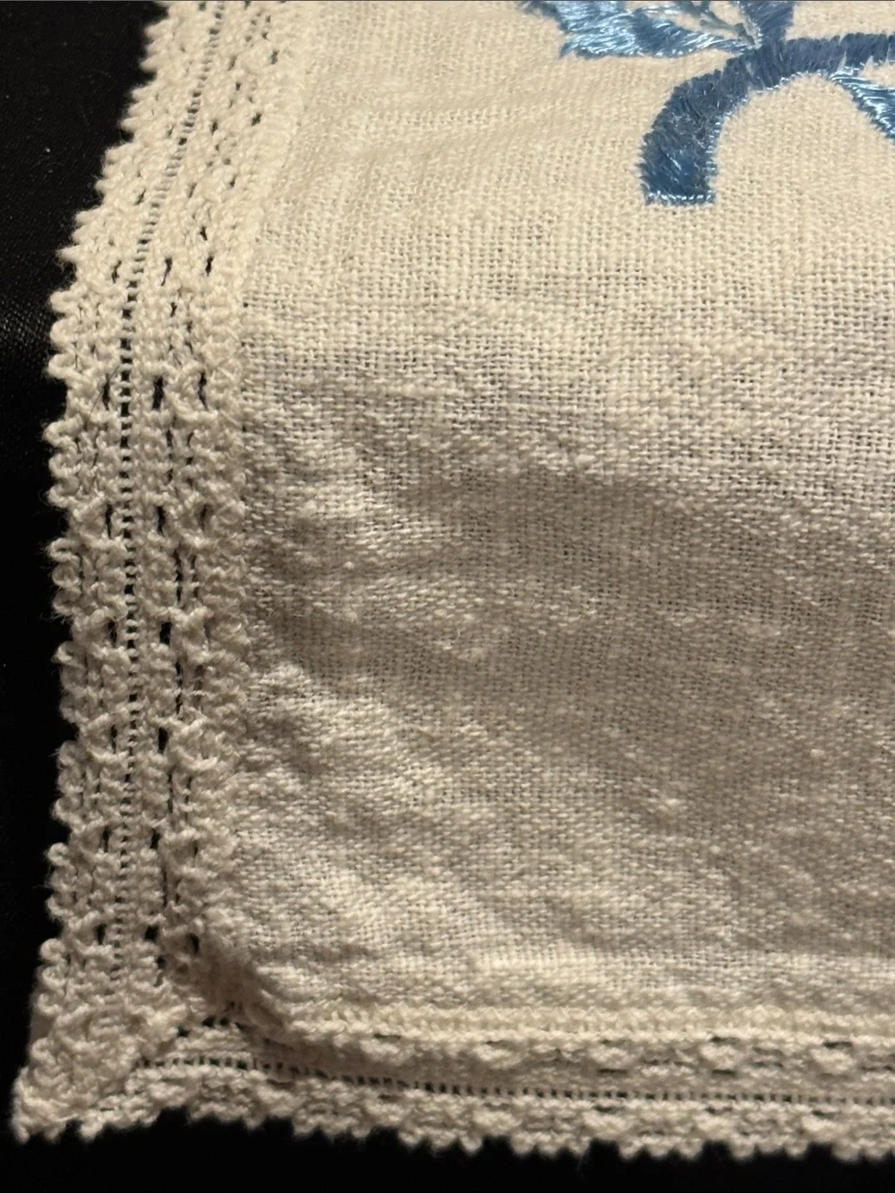 Hand Embroidered Linen Dresser or Table Runner with Blue Rose Motif